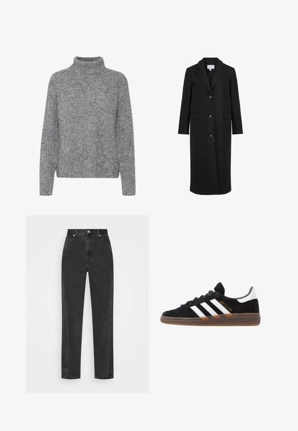 Abrigo de lana negro con un diseño ajustado, que presenta un cuello con muescas, mangas largas, tres botones en la parte delantera y bolsillos laterales. Textura suave.; Suéter gris de punto con cuello alto, texturas variadas y forma cuadrada. Presenta mangas largas y un dobladillo que se sitúa a la altura de la cintura.; Vaqueros de mezclilla negra de pierna recta con cintura alta, botón y cremallera en el frente, y estilo de cinco bolsillos sobre un fondo blanco.; Zapatilla negra de Adidas con franjas blancas, texto dorado "Spezial", suela de goma y talón blanco, mostrada en vista lateral.