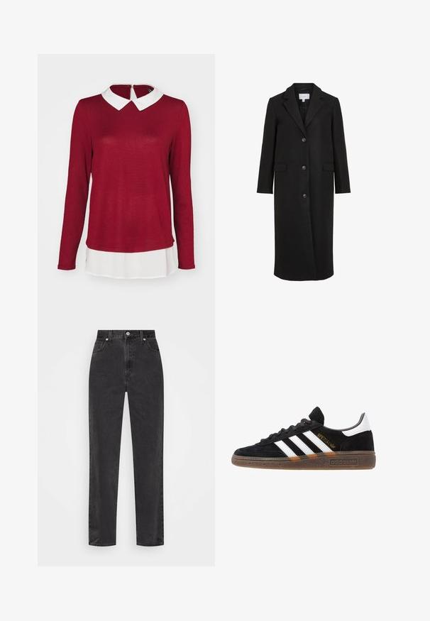 Musta villa takki räätälöidyllä muotoilulla, jossa on viistetty kaulus, pitkät hihat, kolme etunapillista ja sivutaskut. Siro rakenne.; ONLY ONLELCOS SOFT - Neule - syrah/white; Suorat mustat farkut korkealla vyötäröllä, edessä nappi ja vetoketju sekä viisi taskua valkoisella taustalla.; Mustat Adidas-nikeset, joissa on valkoiset raidat, kultaiset "Spezial"-tekstiset, kumipohja ja valkoinen kantapää, esitetty sivuprofiilissa.