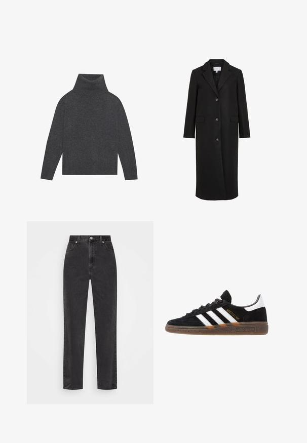 Zwarte wollen jas met een op maat gemaakt ontwerp, voorzien van een geknipt kraag, lange mouwen, drie knopen aan de voorkant en zijzakken. Soepele textuur.; Grijze coltrui van een zachte, gestructureerde brei. Heeft lange mouwen en een ontspannen, boxy vorm met een geribde zoom en boorden.; Zwarte denim jeans met rechte pijpen en hoge taille, met een knoop en rits aan de voorkant en vijf zakken, op een witte achtergrond.; Zwarte Adidas sneaker met witte strepen, gouden "Spezial" tekst, gumzool en witte hieltab, weergegeven in zijaanzicht.