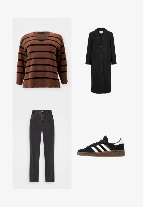 Czarny wełniany płaszcz o dopasowanym kroju, z klapami, długimi rękawami, trzema guzikami z przodu i bocznymi kieszeniami. Gładka struktura.; Brązowy sweter w paski z czarnymi poziomymi pasami. Design w serek, długie rękawy, ściągacze na rękawach i u dołu. Miękka tekstura, luźny krój.; Czarne dżinsy o prostych nogawkach z wysokim stanem, z przodem zapinanym na guzik i zamek, oraz pięcioma kieszeniami na białym tle.; Czarny sneaker Adidas z białymi paskami, złotym napisem "Spezial", gumową podeszwą i białym elementem przy pięcie, przedstawiony w widoku z profilu.