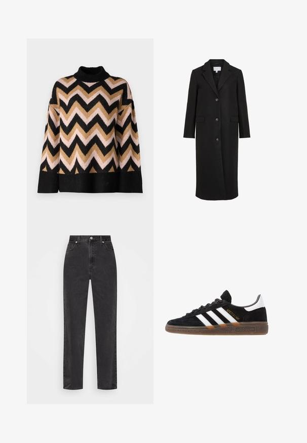Casaco de lã preto com um design ajustado, apresentando um colarinho engenhisado, mangas longas, três botões frontais e bolsos laterais. Textura suave.; Suéter tricotado com um gola alta e padrão zig-zag em preto, dourado, rosa e castanho. Mangas largas e uma barra canelada chunky.; Jeans de ganga preta com pernas retas, cintura alta, com botão e fecho de correr à frente, e estilo de cinco bolsos, num fundo branco.; Sapatilha Adidas preta com riscas brancas, texto dourado "Spezial", sola de borracha e aba do calcanhar branca, apresentada em vista lateral.