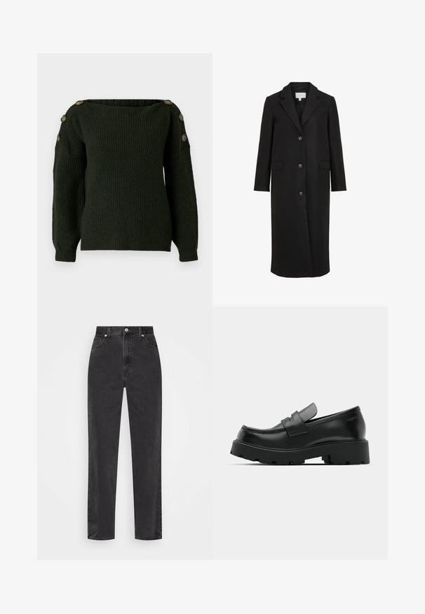 Schwarzer Wollmantel mit maßgeschneidertem Design, ausgestattet mit einem Reverskragen, langen Ärmeln, drei vorderen Knöpfen und Seitentaschen. Glatte Textur.; Dunkelgrüner gestrickter Pullover mit einem schulterfreien Ausschnitt und langen Ärmeln, versehen mit dekorativen Knöpfen an den Schultern.; Schwarze Denim-Jeans mit geradem Bein, hoher Taille, vorderem Knopf und Reißverschluss sowie fünf Taschen auf weißem Hintergrund.; Schwarze Leder-Loafers mit einer chunky strukturierten Sohle, ausgestattet mit einem Riemen über dem Spann und einer glatten, polierten Oberfläche.