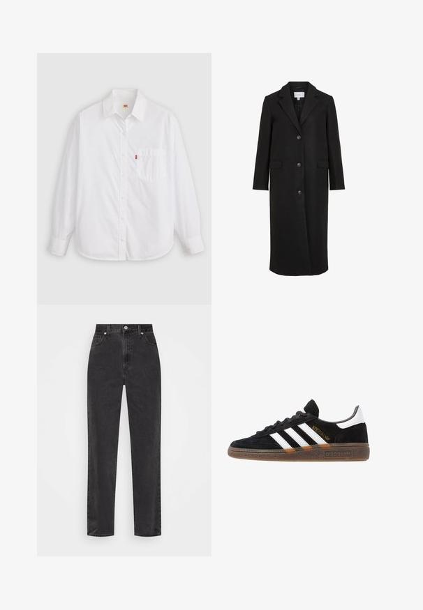 Black wool coat with a tailored design, featuring a notched collar, long sleeves, three front buttons, and side pockets. Smooth texture.; White long-sleeve button-up shirt made of cotton. Features a collar, a front pocket, rounded hem, and a small red logo tag near the pocket.; Straight-leg black denim jeans with high waist, front button and zipper, and five-pocket styling on a white background.; Black Adidas sneaker with white stripes, gold "Spezial" text, gum sole, and white heel tab, shown in profile view.