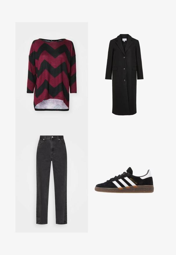 Czarny wełniany płaszcz o dopasowanym kroju, z klapami, długimi rękawami, trzema guzikami z przodu i bocznymi kieszeniami. Gładka struktura.; Czerwona i czarna koszula z wzorem w zygzak z dużym rozmiarem, dekoltem łódkowym, rękawami o długości trzech ćwiartek i zakończeniem w stylu high-low. Wykonana z miękkiej dzianiny.; Czarne dżinsy o prostych nogawkach z wysokim stanem, z przodem zapinanym na guzik i zamek, oraz pięcioma kieszeniami na białym tle.; Czarny sneaker Adidas z białymi paskami, złotym napisem "Spezial", gumową podeszwą i białym elementem przy pięcie, przedstawiony w widoku z profilu.