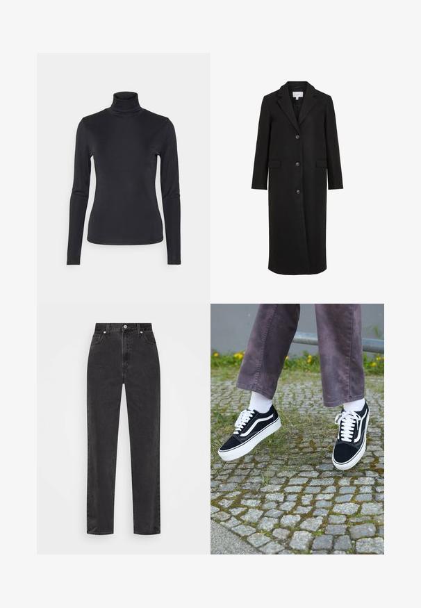 Black wool coat with a tailored design, featuring a notched collar, long sleeves, three front buttons, and side pockets. Smooth texture.; Black turtleneck long-sleeve top made of a smooth, stretchy fabric. Features fitted design and a high collar. Minimalist style, no visible patterns.; Straight-leg black denim jeans with high waist, front button and zipper, and five-pocket styling on a white background.; Black suede sneakers with white accents, featuring a rounded toe, thick white sole, and classic lace-up design, worn with white socks and purple pants.