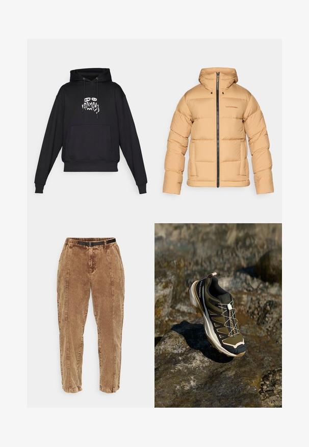 Smėlinis pūkuotas džemperis su gaubtu, su užtrauktuku priekyje, kvadrato rašto ir dviem šoniniais kišenėmis. Pagamintas iš lygaus, lengvo audinio.; Juodas džemperis su priekine kišenė, gobtuvu su raišteliais ir baltu abstrakčiu veido bei rankos grafikos piešiniu, centruotu ant krūtinės.; Rudos korduroyo kelnės su tekstūruota paviršiumi, turinčios juodą reguliuojamą diržą, šonines kišenes ir laisvą siluetą. Kelnės siaurėja link kulkšnių.; Žygio batai olivų žalios ir juodos spalvos su rožiniais akcentais. Turi tekstūruotą viršutinę dalį, lankstų pado tipą, sustiprintą pirštų dalį ir spalvingą raištelių sistemą.