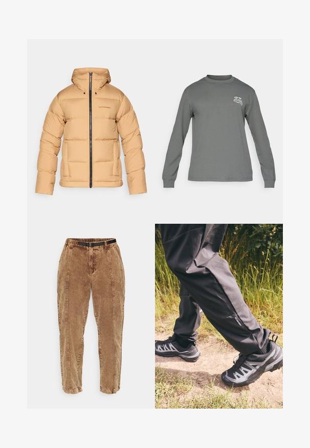 Beige puffer jacket with a hood, featuring a zip front, quilted pattern, and two side pockets. Made from a smooth, lightweight material.; Long-sleeve shirt in gray fabric, featuring a crew neck and a white graphic logo on the left chest. Smooth texture and simple design.; Brown corduroy pants with a textured surface, featuring a black adjustable belt, side pockets, and a relaxed fit. Pants taper toward the ankles.; Black waterproof pants with a relaxed fit, featuring a small side pocket. Paired with rugged black and gray hiking shoes with a pattern.