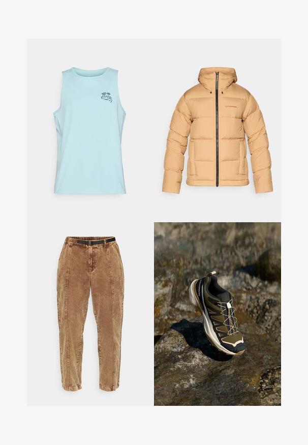 Giacca a vento beige con cappuccio, dotata di chiusura con zip, motivo trapuntato e due tasche laterali. Realizzata in un materiale liscio e leggero.; Top atletico senza maniche di colore azzurro chiaro con un piccolo motivo stampato in blu scuro vicino alla spalla sinistra che reca la scritta "Karma" accompagnata da forme astratte.; Pantaloni di velluto a coste marroni con una superficie testurizzata, dotati di una cintura nera regolabile, tasche laterali e una vestibilità comoda. I pantaloni si stringono verso le caviglie.; Scarpe da escursionismo in verde oliva e nero con dettagli rosa. Presentano una parte superiore testurizzata, suola flessibile, puntale rinforzato e un vivace sistema di allacciatura.