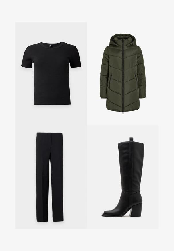 Olive zaļš pūkains jaka ar kapuci, ar rāvējslēdzēja priekšpusi, sānu kabatām un šuvēm līdzīgām četrstūru formām, kas nodrošina tekstūru un siltumizolāciju.; Melnas īsām piedurknēm t-krekls, izgatavots no ribota auduma. Tam ir klasiskas apļa formas kakla izgriezums un pieguļošs siluets. Nav papildu akcents.; Melnas šuves bikses ar taisnu griezumu, ar gludu tekstūru un bez redzamām apdrukām. Standarta jostasvieta un tīrs apdare.; Melna ādas zābaku līdz ceļgaliem ar kvadrātveida purngaliem, sašaurinātu papēdi un vertikālām šuvēm gar ārējo šuvi. Gluda tekstūra.