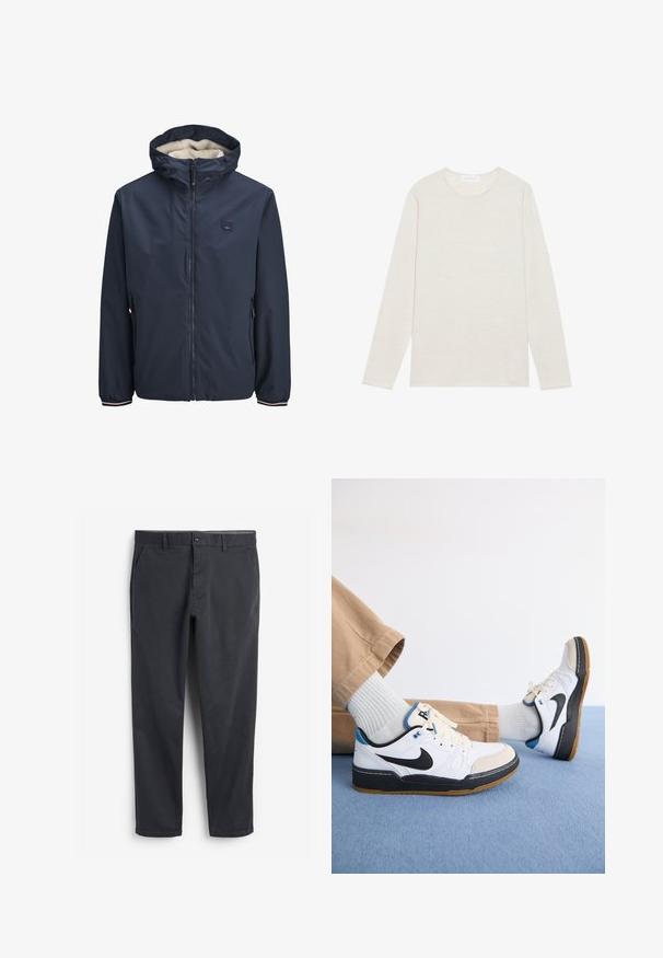 Jūras zila jaka ar rāvējslēdzēja priekšu, flīsa oderi kapuci, divām sānu kabatām un svītrām apkaklēs. Izgatavota no gludas, laika apstākļiem izturīgas materiāla.; Krēma krāsas garām piedurknēm T-krekls, izgatavots no mīkstas adītas auduma. Tam ir apaļa kakla izgriezne un brīva piegriezuma siluets bez redzamām raksts vai aksesuāriem.; Tumši pelēki chinos ar plakanu priekšpusi, sānu kabatām un pogu aizdari. Gluda kokvilnas auduma, sašaurināta kāju dizains un minimālisma stils.; Baltas un melns Nike apavi ar ziliem akcentiem, ar gludu ādas virsmu, gumijas zoli un sasienamu aizdari. Gaiši pelēki zeķes un bēša bikses.