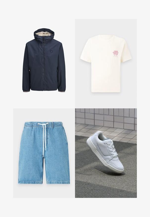 Granatowa kurtka z zamkiem z przodu, ocieplanym kapturem, dwiema kieszeniami bocznymi i paskami na mankietach. Wykonana z gładkiego, odpornego na warunki atmosferyczne materiału.; Biała koszulka z krótkim rękawem z czerwonym napisem "Studio Originals Edition" po lewej stronie klatki piersiowej, wyeksponowana na neutralnym szarym tle.; Błękitne szorty dżinsowe z elastycznym pasem, białym sznurkiem i luźnym krojem. Posiadają gładką teksturę i wydłużone krawędzie.; Białe skórzane trampki z perforowanymi bokami, teksturowanymi akcentami, płaskimi sznurowadłami i kontrastującym szarym obcasem. Posiadają lekko podniesioną podeszwę.