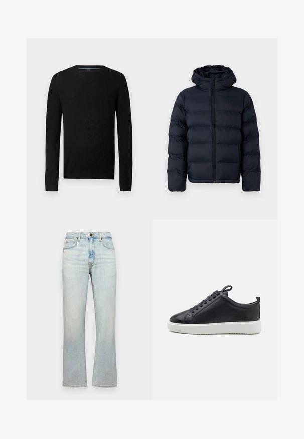 Calvin Klein Winterjacke - dark sapphire; Schwarzer Pullover mit rundem Halsausschnitt und langen Ärmeln. Verfügt über ein strukturiertes Muster und gerippte Bündchen für eine taillierte Silhouette.; Helle blaue Denim-Jeans mit hoher Taille, geradem Beinanschnitt und sanften Verwaschungen. Verfügt über fünf Taschen und einen Metallknopfverschluss.; Leder-Sneaker in dunkelblau mit strukturiertem Finish, runder Zehenpartie, weißer Gummisohle und flachen Schnürsenkeln, ausgestattet mit einer Zugschlaufe hinten.