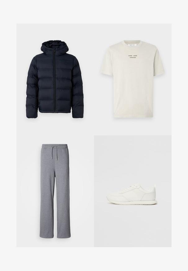 Calvin Klein Ziemas jaka - dark sapphire; Gaišs beigu krāsas kokvilnas T-krekls ar īsām piedurknēm, apaļu kakla izgriezumu un melnu izdrukātu tekstu "SAMSE SAMSØ COPENHAGEN", kas centrēts uz krūtīm.; Pelēki, plaši sporta bikses, izgatavotas no mīksta materiāla; tām ir elastīga josta ar auklu un bez kabatām. Vienkāršs, bezapdullināts dizains.; Baltie sporta apavi ar mežģīņu un sintētisko augšdaļu, apaļu purngalu, plakanu mežģīņu un teksturētu sānu joslu. Gumijas zole ar cilpu aizmugurē.