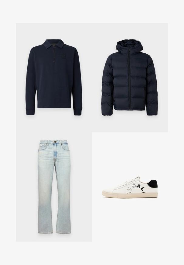 Calvin Klein Talvejope - dark sapphire; Tume sinine pika varrukaga polo-särk, millel on pooltõmbeukk ja väike embleem vasakul rinnal.; Heledad sinine teksapüksid, kõrge talje, sirge jalgade lõige ja õrn fade. Omab viit taskut ja metallehitusnupuga sulgemist.; Valge nahkne tennis, millel on mustad aktsendid kandadel, julged mustad tähed küljel ja kummist tald. Minimalistlik disain.