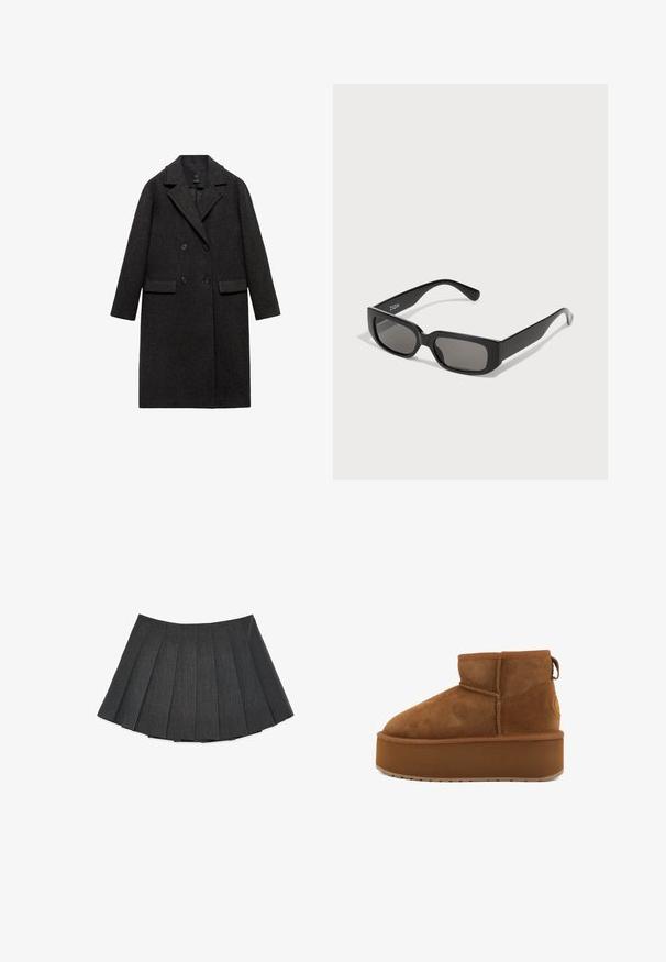 Czarny wełniany płaszcz w kolorze ciemnoszarym z podwójnym zapięciem, z wyłogowym kołnierzem, dwoma przednimi kieszeniami i długimi rękawami.; Sweter dziane w ciemnoszarym kolorze o oversize'owym kroju, z geometrycznym wzorem w odcieniu kremowym przedstawiającym okręgi i prostokąty. Wysoka konstrukcja dekoltu.; Plisowana spódnica w ciemnoszarym kolorze, wykonana z teksturowanej tkaniny. Charakteryzuje się rozkloszowanym krojem z równomiernie rozmieszczonymi plisami i płaskim paskiem w talii.; Brązowy zamszowy botek za kostkę z okrągłym noskiem i platformą. Posiada mały obcas oraz pętlę ułatwiającą zakładanie. Teksturowana powierzchnia z detalami szwów.; Czarne prostokątne okulary przeciwsłoneczne z szaro zabarwionymi soczewkami, wykonane z gładkiego plastiku. Charakteryzują się minimalistycznym designem z prostymi zausznikami i subtelnym logo.