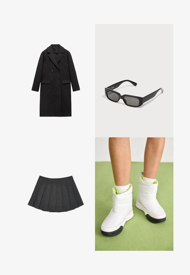 Dunkelgrauer Wollmantel mit doppelter Knopfleiste, Reverskragen, zwei vorderen Taschen und langen Ärmeln.; Dunkelgrauer Strickpullover mit übergroßer Passform, der ein geometrisches cremefarbenes Muster aus Kreisen und Rechtecken aufweist. Hoher Kragen.; Plissierter Rock in Dunkelgrau, aus einem strukturierten Stoff gefertigt. Hat eine ausgestellte Silhouette mit gleichmäßig verteilten Falten und einem flachen Taillenbund.; Weiße gepolsterte Knöchelboots mit einer strukturierten Oberfläche, ausgestattet mit einem neongrünen Innenfutter und einer schwarzen Gummisohle.; Schwarze rechteckige Sonnenbrille mit graugläsern, aus glattem Kunststoff. Verfügt über ein minimalistisches Design mit geraden Bügeln und subtiler Markenkennzeichnung.; Schwarze Leder-Hobo-Tasche mit einem lässigen Design, breitem Schultergurt und glatter Textur. Verfügt über einen seitlichen Reißverschluss.