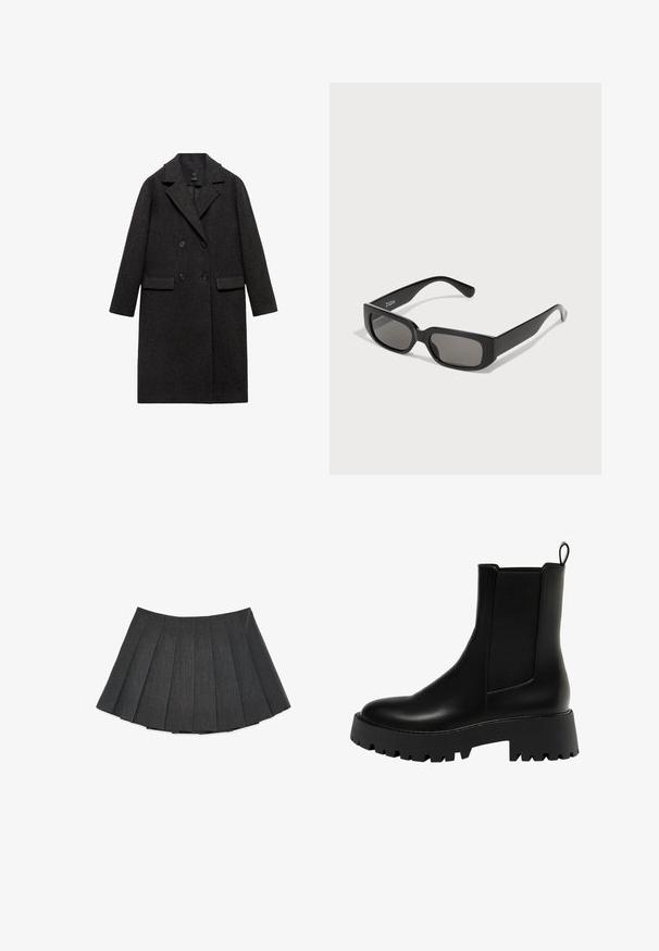 Tummanharmaa villatakki, jossa on tupla-rivinen malli, kaulukset, kaksi etutaskua ja täyspitkät hihat.; Villapaita tummanharmaana, ylisuurena, jossa on geometricistä vaalean cremin kuviointia ympyröistä ja suorakulmioista. Korkea kaulusmuotoilu.; Pliseerattu hame tummanharmaana, tehty tekstuuritetystä kankaasta. Ominaisuuksina on levenevä siluetti, jossa on tasaisesti sijoitettuja pliseerauksia ja litteä vyötärönauha.; Mustan nahkaisen nilkkurit, joissa on teksturoitu sivupaneeli, pyöreä kärki ja paksu pohja, jossa on sakaratalla.; Mustat suorakulmaiset aurinkolasit harmaat sävytetyt linssit, valmistettu sileästä muovista. Ominaisuuksiin kuuluu minimalistinen muotoilu suorilla sangoilla ja hienovaraisella brändäyksellä.