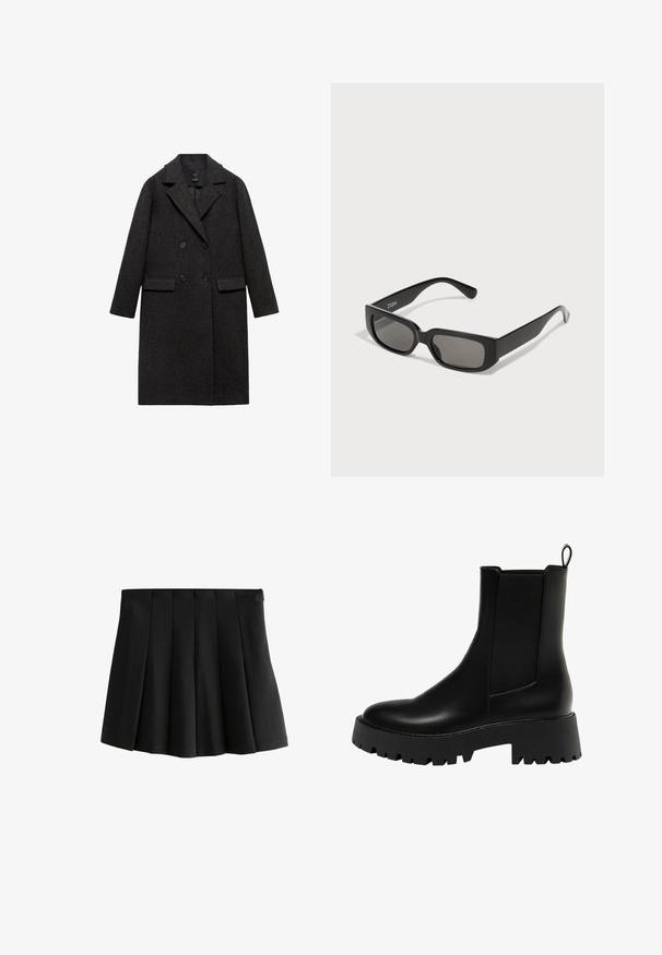 Tmavošedý vlnený kabát s dvojitým zapínaním, zárezovým golierom, dvoma prednými vreckami a dlhými rukávmi.; Pletený sveter v tmavosivej farbe s nadmernou veľkosťou, zdobený geometrickým krémovým vzorom kruhov a obdĺžnikov. Vysoký golier.; Čierna plisovaná mini sukňa s hladkým pásom a štruktúrovanými obrátkami, izolovaná na bielom pozadí.; Čierna kožená členková bota s textúrovaným bočným panelom, zaoblenou špičkou a masívnou platformou s cikcak vzorom.; Čierne obdĺžnikové slnečné okuliare so šedými sklami, vyrobené z hladkého plastu. Majú minimalistický dizajn s rovnými ramenami a decentným brandingom.; Čierna kožená hobo taška s uvoľneným dizajnom, širokým ramenným popruhom a hladkým povrchom. Obsahuje jedno zipsové uzatváranie na boku.
