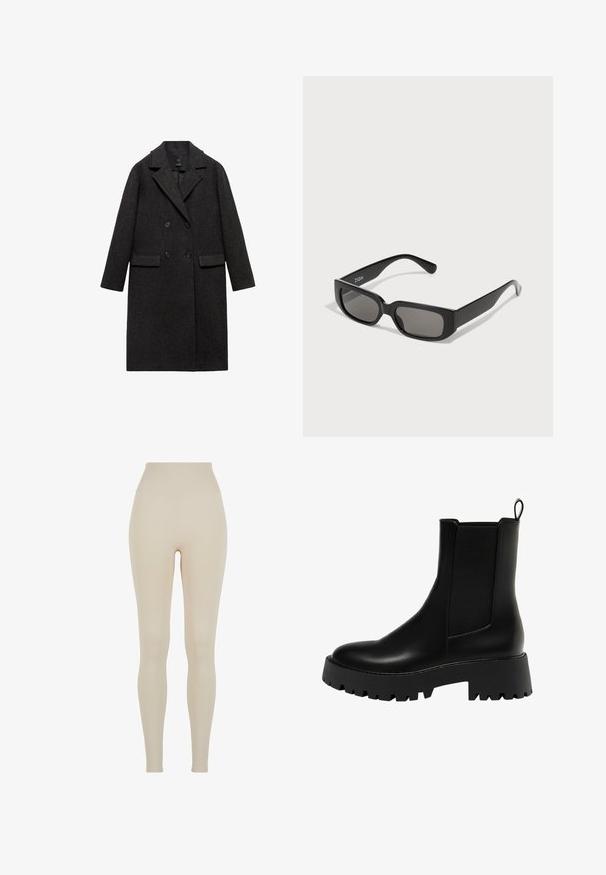 Mørkegrå uldfrakke med dobbeltradet design, spids krave, to forlommer og lange ærmer.; Striktrøje i mørkegrå med en oversized pasform, der har et geometrisk cremefarvet mønster af cirkler og rektangler. Design med høj hals.; Beige leggings lavet af strækbart stof med en høj talje; glat tekstur, tætsiddende silhuet, ingen synlige mønstre eller hardware detaljer.; Sort læder ankelstøvle med en struktureret sidepanel, rund tå og kraftig platform sål med et zigzag-dækmønster.; Sorte rektangulære solbriller med gråtonede linser, lavet af glat plastik. Har et minimalistisk design med lige arme og subtil branding.