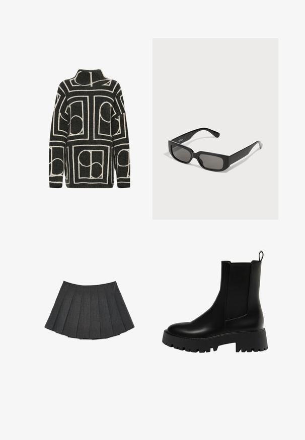 Donkergrijze wollen jas met een dubbelzijdige ontwerpopstelling, ingetogen revers, twee voorzakken en lange mouwen.; Gebreide trui in donkergrijs met een oversized pasvorm, voorzien van een geometrisch crèmekleurig patroon van cirkels en rechthoeken. Hoog halsontwerp.; Plissérok in donkergrijs, gemaakt van een gemêleerde stof. Heeft een uitlopende silhoutte met gelijkmatig verdeelde plooien en een platte tailleband.; Zwarte leren enkelboot met een getextureerd zijpaneel, ronde neus en stevige platformzool met een zigzagprofiel.; Zwarte rechthoekige zonnebril met grijs-getinte lenzen, gemaakt van glad plastic. Kenmerkt zich door een minimalistisch ontwerp met rechte pootjes en subtiele branding.; Zwarte leren hobo tas met een slouchy ontwerp, brede schouderband en een gladde textuur. Heeft een enkele ritssluiting aan de zijkant.