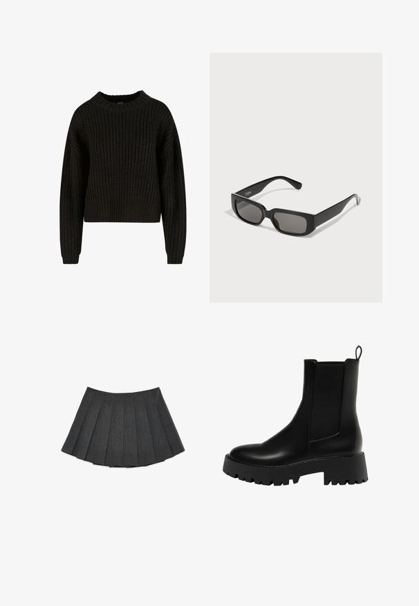 Donkergrijze wollen jas met een dubbelzijdige ontwerpopstelling, ingetogen revers, twee voorzakken en lange mouwen.; Zwarte gebreide trui met een geribbelde structuur, ronde halslijn en lange mouwen. Korte snit met een losse pasvorm. Geen zichtbare patronen of hardware.; Plissérok in donkergrijs, gemaakt van een gemêleerde stof. Heeft een uitlopende silhoutte met gelijkmatig verdeelde plooien en een platte tailleband.; Zwarte leren enkelboot met een getextureerd zijpaneel, ronde neus en stevige platformzool met een zigzagprofiel.; Zwarte rechthoekige zonnebril met grijs-getinte lenzen, gemaakt van glad plastic. Kenmerkt zich door een minimalistisch ontwerp met rechte pootjes en subtiele branding.; Zwarte leren hobo tas met een slouchy ontwerp, brede schouderband en een gladde textuur. Heeft een enkele ritssluiting aan de zijkant.