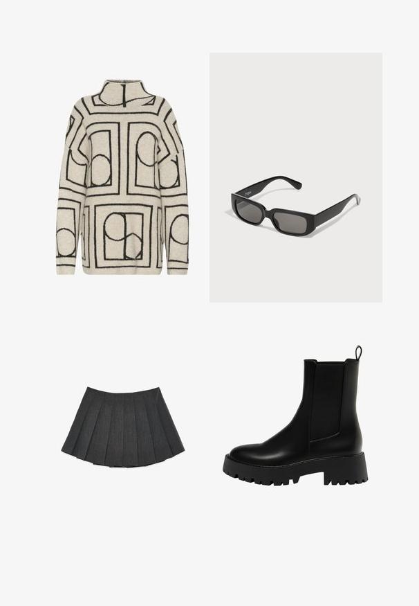Donkergrijze wollen jas met een dubbelzijdige ontwerpopstelling, ingetogen revers, twee voorzakken en lange mouwen.; Trui gebreid in lichtbeige met zwarte geometrische patronen, voorzien van een hoge hals, een losse pasvorm en een textiele stof voor extra warmte.; Plissérok in donkergrijs, gemaakt van een gemêleerde stof. Heeft een uitlopende silhoutte met gelijkmatig verdeelde plooien en een platte tailleband.; Zwarte leren enkelboot met een getextureerd zijpaneel, ronde neus en stevige platformzool met een zigzagprofiel.; Zwarte rechthoekige zonnebril met grijs-getinte lenzen, gemaakt van glad plastic. Kenmerkt zich door een minimalistisch ontwerp met rechte pootjes en subtiele branding.