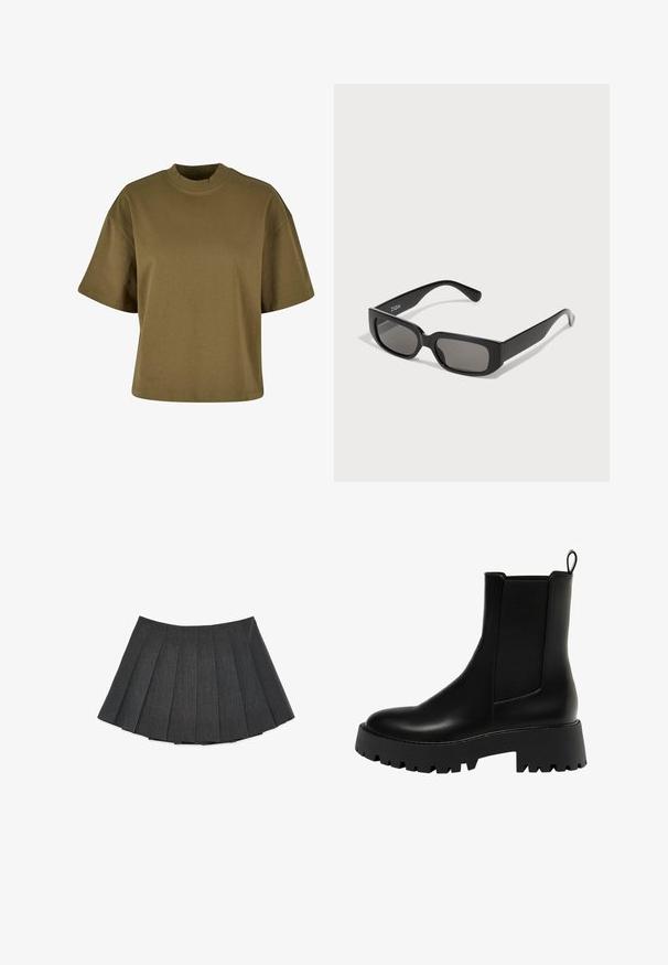 Tummanharmaa villatakki, jossa on tupla-rivinen malli, kaulukset, kaksi etutaskua ja täyspitkät hihat.; Oliivivihreä puuvillapaita, jossa on korkea, pyöreä pääntie, lyhyet hihat ja rento istuvuus. Silkkinen pinta, ei näkyviä kuvioita tai yksityiskohtia.; Pliseerattu hame tummanharmaana, tehty tekstuuritetystä kankaasta. Ominaisuuksina on levenevä siluetti, jossa on tasaisesti sijoitettuja pliseerauksia ja litteä vyötärönauha.; Mustan nahkaisen nilkkurit, joissa on teksturoitu sivupaneeli, pyöreä kärki ja paksu pohja, jossa on sakaratalla.; Mustat suorakulmaiset aurinkolasit harmaat sävytetyt linssit, valmistettu sileästä muovista. Ominaisuuksiin kuuluu minimalistinen muotoilu suorilla sangoilla ja hienovaraisella brändäyksellä.; Musta nahkainen hobo-laukku, jossa on löysä muotoilu, leveä olkahihna ja sileä pinta. Sisältää yhden vetoketjukiinnityksen sivussa.