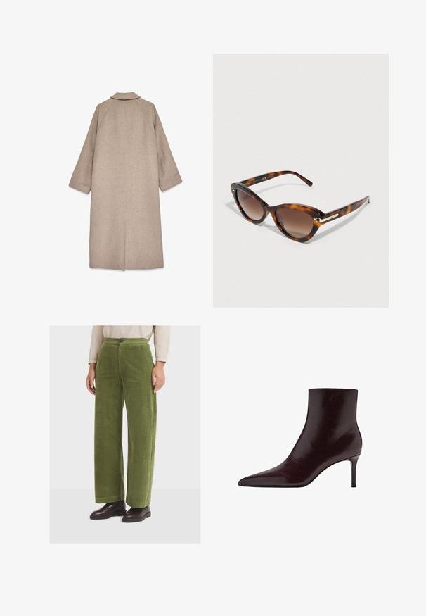 Langer, beiger Wollmantel mit Raglanärmeln und Reverskragen. Glatte Textur, gerader Schnitt und eine Mittelnähtedetail am Rücken.; Bordeaux farbener, flauschiger Strickpullover mit Rundhalsausschnitt, langen Ärmeln und lockerer Passform. Die Textur wirkt weich und leicht, ideal zum Layering.; Grüne, weit geschnittene Cordhosen mit hoher Taille und Fronttaschen, ausgestattet mit einem einzelnen Knopfverschluss und einer strukturierten, gerippten Oberfläche.; Burgunderfarbene Leder-Stiefelette mit spitzer Zehenform, schlankem Design und hohem Stiletto-Absatz. Glatte Textur mit dezenten Maserungsdetails.; Cat-Eye-Sonnenbrille mit braunen Schildpattgestellen, Verlaufsgläsern und goldenen Akzenten an den Bügeln. Glatte Textur, modernes Design.; Burgunderfarbene Wildlederhandtasche mit strukturierter Form, doppelten oberen Griffen und einem abnehmbaren Schultergurt. Mit einem kleinen angehängten Lederschild.; Burgunderfarbene Lederhandschuhe mit einer glatten Textur, passgenauem Design und einem Akzent-Logo am Handgelenk, im klassischen fünf-Finger-Silhouette.; Quadratische Ohrstecker mit einem tiefen burgunderfarbenen Zentrum und einem goldfarbenen, strukturierten Rahmen. Glatte Oberfläche mit abgerundeten Kanten.