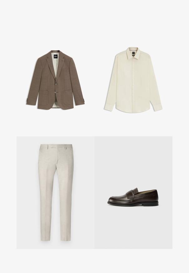 Braun kariertes Blazer mit zwei Fronttaschen, zwei Knöpfen, Spitzrevers und einem hellen Innenfutter. Markenetikett sichtbar.; BOSS JOE KENT - Businesshemd - open white eleven; JOOP! Stoffhose - beige; Calvin Klein Slipper - cocoa brown