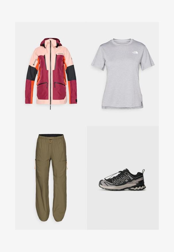 Jacket, odporen na vodo, z barvno blokado v roza, burgundski, črni in oranžni barvi. Vključuje sprednji zadrgo in več žepov.; Siva kratka majica s kratkimi rokavi, izdelana iz mehkega, vlago odvračajočega materiala. Ima okroglo izrez in majhen bel logotip na zgornji levi strani.; Lahki olivnozeleni cargo hlače z elastičnim pasom in oranžno vrvico; vključujejo zadrgo stranske žepe in šivane detajle.; Črne in sive športne čevlje z mrežasto zgornjim delom, gumijastim podplatom in elastiko za vezalke. Imajo ojačan prst in teksturirane detajle.