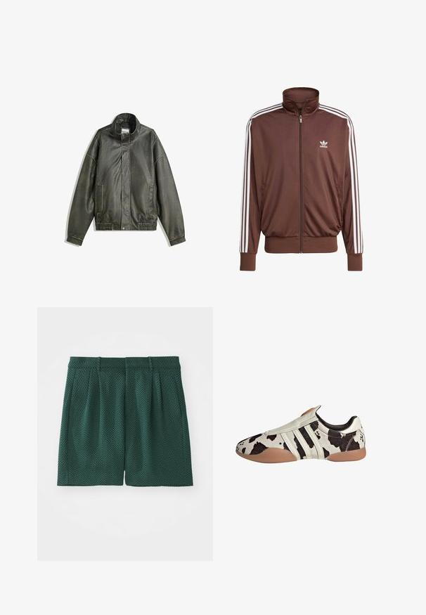 Tmavě zelená kožená bunda s vysokým límcem, zapínáním na zip, dvěma předními kapsami, elastickým pasem a hladkým povrchem.; Hnědá polyesterová sportovní bunda s bílými bočními pruhy, vysokým límcem, předním zipem a logem Adidas na levé části hrudi. Obsahuje dvě boční kapsy.; Tři bílé tílka vyrobené ze žebrované bavlny. Každé má kulatý výstřih a malou logo nášivku na lemu. Klasický, jednoduchý design.; Tmavě zelené šortky vyrobené z texturované tkaniny s herringbone vzorem. Mají přehyby a pás, střižené do délky po kolena.; Bílo-černé kožené boty s vzorem a texturovaným povrchem, s třemi bílými horizontálními pruhy a hnědou gumovou podrážkou.