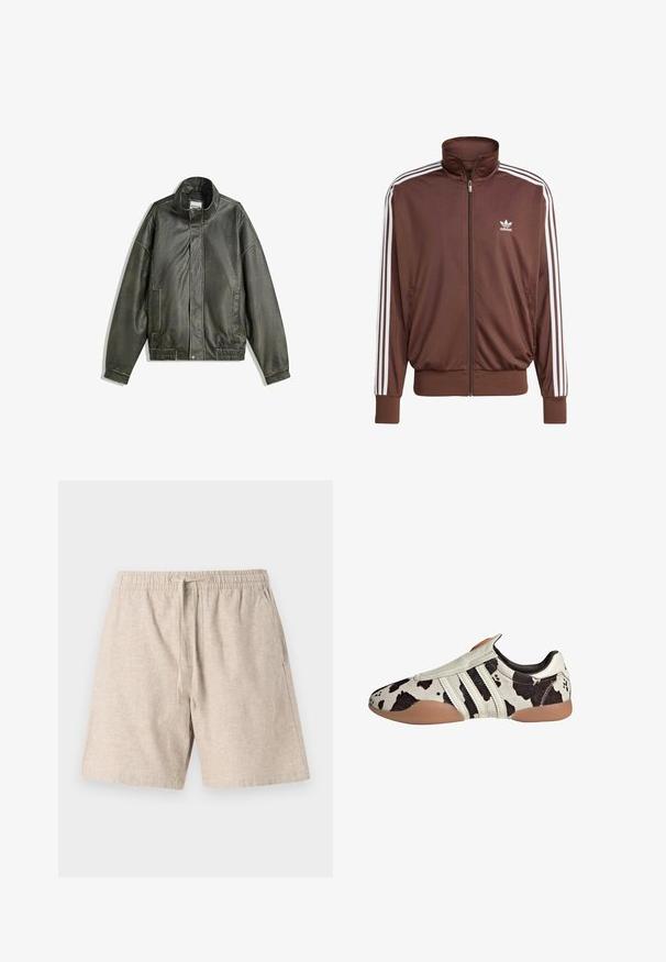 Veste en cuir vert foncé avec un col montant, fermeture éclair, deux poches avant, taille élastiquée et texture lisse.; Veste de survêtement en polyester marron avec des bandes blanches sur les côtés, col montant, fermeture éclair sur le devant et logo Adidas sur la poitrine gauche. Elle dispose de deux poches latérales.; Trois débardeurs blancs en coton ribbé. Chacun a un col rond et une petite étiquette logo en bas. Design classique et simple.; Shorts en lin beige avec une taille élastique, un cordon de serrage, des poches latérales et un tissu texturé. Design décontracté, coupe mi-genoux.; Chaussures en cuir avec un motif noir et blanc, présentant une finition texturée, trois rayures horizontales blanches et une semelle en caoutchouc brun.