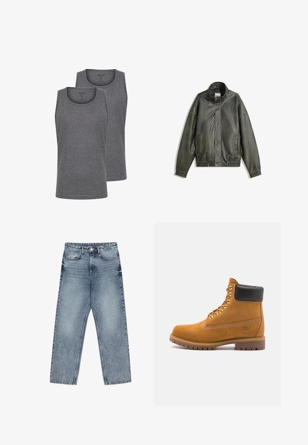 Sötétzöld bőrkabát magas gallérral, cipzáros zárással, két elülső zsebbel, rugalmassá tett derékrésszel és sima textúrával.; Barna poliészter tréningdzseki fehér oldalsávokkal, magas gallérral, elülső cipzárral és Adidas logóval a bal mellkason. Két oldalsó zsebe van.; Két szürke ujjatlan top, puha pamut keverékből. Kerek nyakkivágással és ujjatlan fazonnal rendelkezik. Simaság és normál szabás jellemzi.; Világoskék farmernadrág egyenes szárú szabással, látható varrással, öt zsebes kialakítással és gombos derékkal.; Barna velúr bokacipő fekete párnázott gallérral, arany fém fűzőlyukakkal, fehér varrási részletekkel és durva gumitalppal, amelynek kifejezett barázdái vannak.