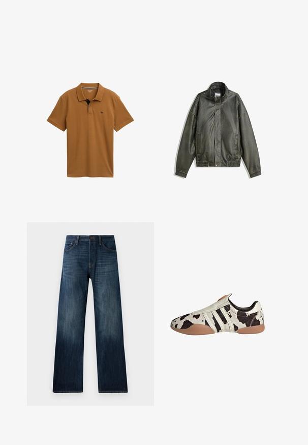 Mørkegrøn læderjakke med høj krave, lynlåslukning, to frontlommer, elastisk talje og glat tekstur.; Brun polyester træningsjakke med hvide sidelister, høj krave, frontlynlås og Adidas-logo på venstre bryst. Har to sidelommer.; Brun polo skjorte lavet af glat bomuld med klassisk krave, tre-knaps placket og kontrasterende marineblå detaljer på kraven.; Mørkeblå denimjeans med lige ben, der har en let tekstur, bæltestropper og en klassisk fem-lomme stil.; Hvide og sorte mønstrede lædersko med en textured finish, der har tre hvide vandrette striber og en brun gummisål.