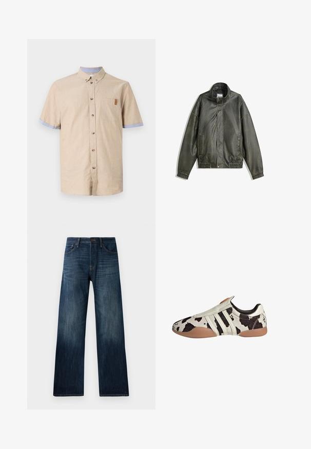 Donkergroene leren jack met een hoge kraag, ritssluiting, twee voorzakken, elastische tailleband en een soepele textuur.; Korte mouwen button-up shirt van beige linnen met blauwe accenten op de mouwen. Heeft een borstzak en bruine knopen. Soepele textuur.; Drie witte tanktops van ribgebreide katoen. Elke top heeft een ronde halslijn en een klein logo-label aan de zoom. Klassiek, eenvoudig design.; Donkerblauwe spijkerbroek met een recht model, voorzien van een lichte stof, riemlussen en een klassieke vijf-pocket stijl.; Witte en zwarte leren schoenen met een patroon en een textuurafwerking, met drie witte horizontale strepen en een bruine rubberen zool.