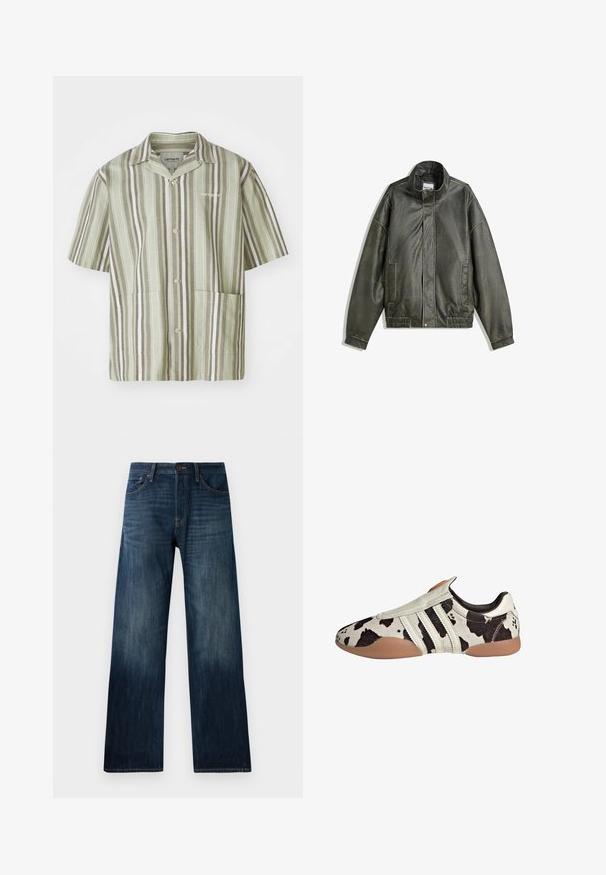 Tmavozelená kožená bunda s vysokým golierom, zipsom, dvoma prednými vreckami, elastickým pásom a hladkým povrchom.; Košeľa s krátkym rukávom v svetlozelené farbe s vertikálnymi pruhmi v tmavozelenej a bielej farbe. Obsahuje dve predné vrecká a klopový golier.; Tri biele tank topy vyrobené z rebrovanej bavlny. Každý má okrúhly výstrih a malú logo etiketu na leme. Klasický, jednoduchý dizajn.; Tmavomodré džínsy s rovnými nohavicami, s ľahkou textúrou, pútkami na opasok a klasickým päť vreckovým dizajnom.; Biele a čierne vzorované kožené topánky s textúrovaným povrchom, s tromi bielymi horizontálnymi pruhmi a hnedou gumovou podrážkou.