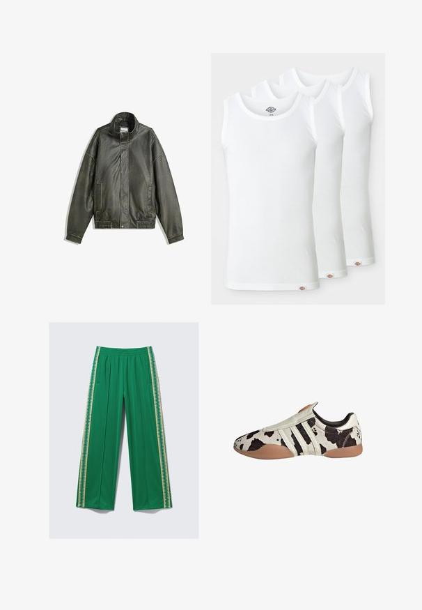 Mørkegrøn læderjakke med høj krave, lynlåslukning, to frontlommer, elastisk talje og glat tekstur.; Tre hvide tanktoppe lavet af ribbet bomuld. Hver har en rund halsudskæring og et lille logomærke i kanten. Klassisk, enkelt design.; Grønne bukser med vide ben lavet af glat stof, med elastisk taljebånd og kontrasterende gule sidelister med zigzagmønster.; Hvide og sorte mønstrede lædersko med en textured finish, der har tre hvide vandrette striber og en brun gummisål.