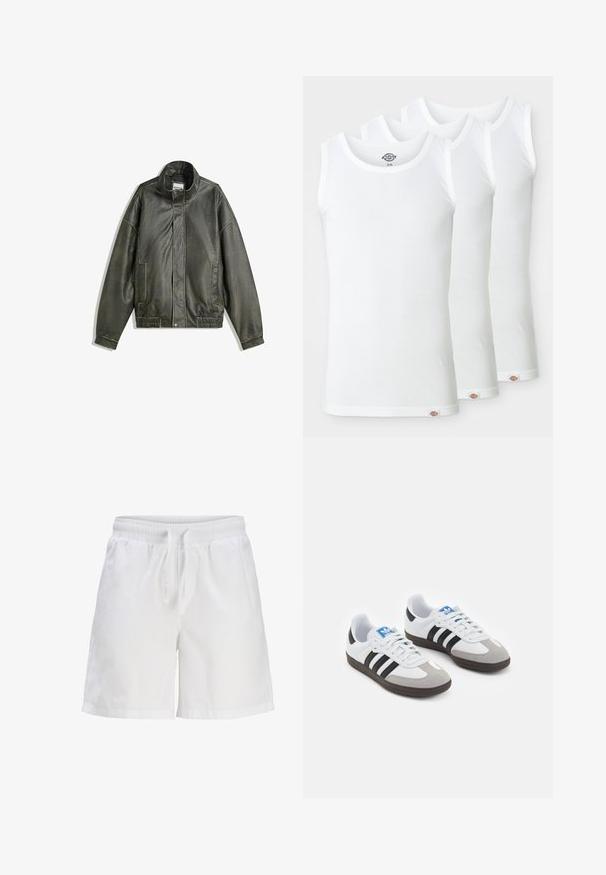 Dark green leather jacket with a high collar, zip closure, two front pockets, elasticized waistband, and smooth texture.; Three white tank tops made of ribbed cotton. Each has a round neckline and a small logo tag at the hem. Classic, simple design.; White cotton shorts with an elastic waistband and drawstring. Features a relaxed fit and side seam pockets.; Sport shoes with a white leather upper, gray suede toe, and three black stripes. Features a blue logo on the tongue and a textured rubber sole.