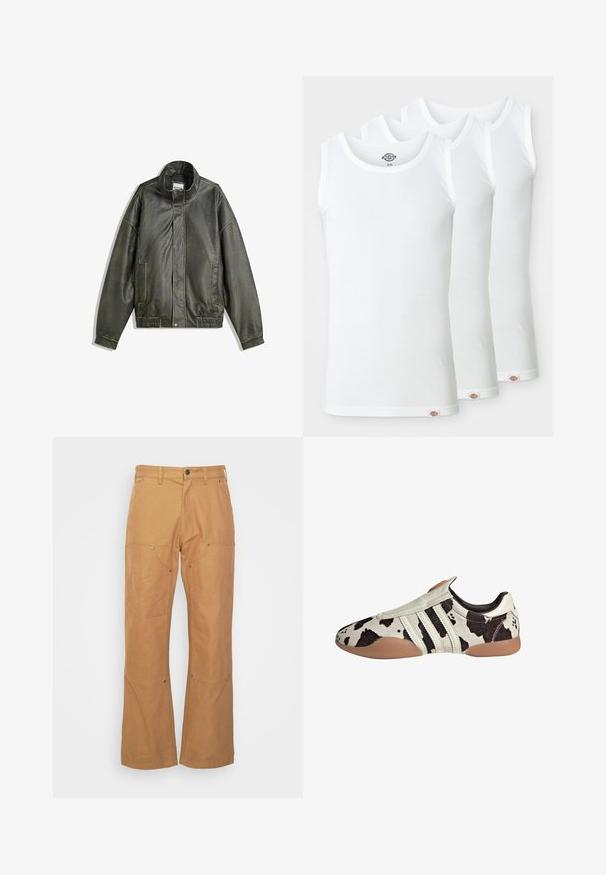 Mørkegrøn læderjakke med høj krave, lynlåslukning, to frontlommer, elastisk talje og glat tekstur.; Tre hvide tanktoppe lavet af ribbet bomuld. Hver har en rund halsudskæring og et lille logomærke i kanten. Klassisk, enkelt design.; Tan cargo bukser lavet af slidstærkt materiale, med sidelommer, metalhardware detaljer, lige ben og en almindelig talje.; Hvide og sorte mønstrede lædersko med en textured finish, der har tre hvide vandrette striber og en brun gummisål.