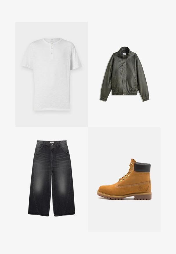 Tamnozelena kožna jakna s visokim ovratnikom, patentnim zatvaračem, dva prednja džepa, elastičnom pojasu i glatkom teksturom.; Bijela kratka majica s kratkim rukavima henley stila s trostrukim gumbima, izrađena od lagane, blago teksturirane tkanine. Okrugli izrez, ležeran kroj.; PULL&BEAR MEGA BAGGY - Vrećaste traperice - black; Antracitne antilop čizme do gležnjeva s crnim podstavljenim ovratnikom, zlatnim metalnim rupicama, bijelim šavovima i robusnom gumenom potplatom s izraženim šarama.