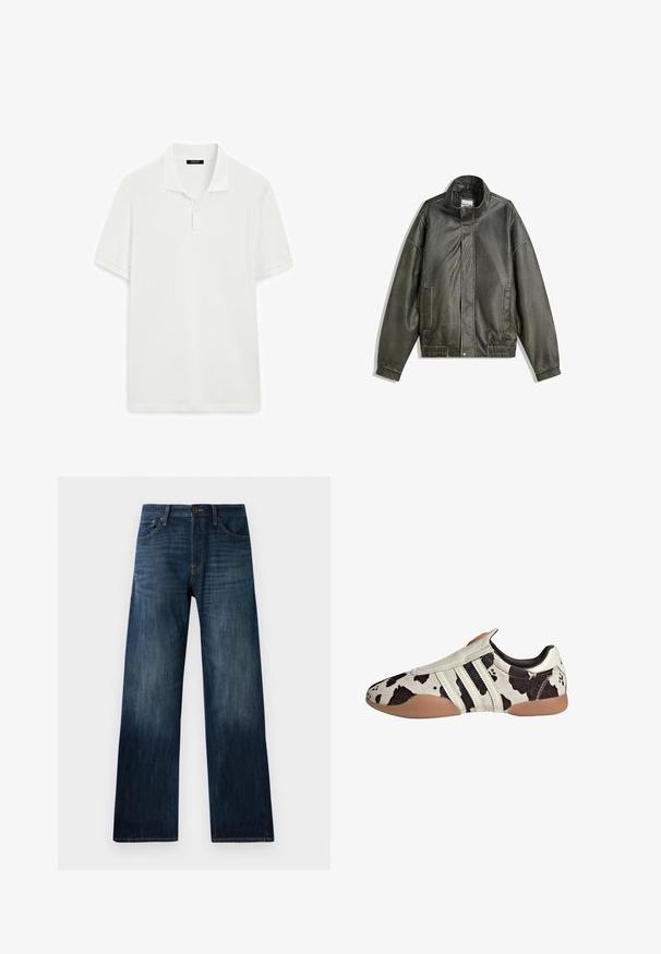 Mørkegrøn læderjakke med høj krave, lynlåslukning, to frontlommer, elastisk talje og glat tekstur.; Hvid kortærmet polo skjorte lavet af glat bomuldsstof. Har en klassisk krave med to knapper og en lige kant.; Mørkeblå denimjeans med lige ben, der har en let tekstur, bæltestropper og en klassisk fem-lomme stil.; Hvide og sorte mønstrede lædersko med en textured finish, der har tre hvide vandrette striber og en brun gummisål.