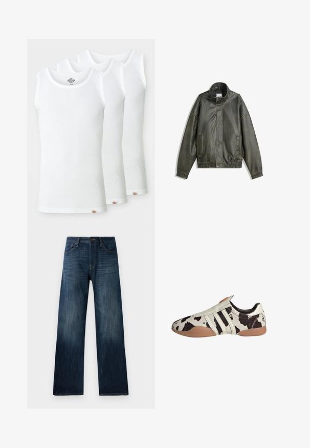 Tummanvihreä nahkatakki, jossa on korkea kaulus, vetoketjusuljenta, kaksi etutaskua, elastinen vyötärö ja sileä pinta.; Kolme valkoista toppia, jotka on valmistettu ribbikankaasta. Jokaisessa on pyöreä kaula-aukko ja pieni logo-etiketti helman kohdalla. Klassinen, yksinkertainen muotoilu.; Tummansiniset farkut suoran lahkeiden muotoilulla, joissa on kevyt rakenne, vyölenkit ja klassinen viiden taskun tyyli.; Valkoiset ja mustat kuviolliset nahkakengät, joissa on teksturoitu pinta, kolme valkoista vaakasuoraa raitaa ja ruskea kumipohja.