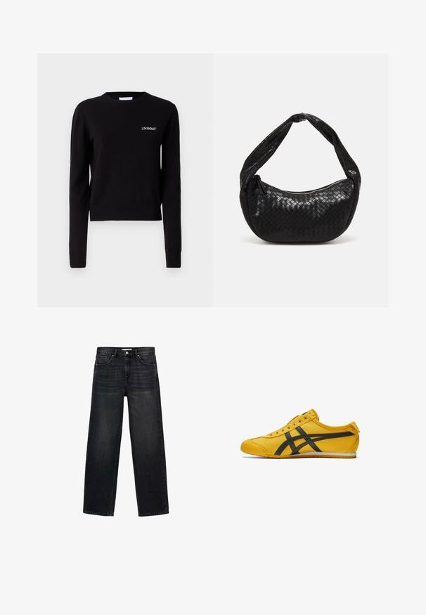 Black double-breasted coat in wool blend, featuring wide lapels, long sleeves, and gold-tone buttons, with a straight silhouette.; Black knitted sweater with long sleeves, a round neckline, and ribbed cuffs and hem. Features "2ND DAY" logo embroidered on the chest.; Black wide-leg jeans made of denim. Featuring five pockets, a zip fly with a button closure, and subtle fading on the front.; Yellow canvas shoe with black accent stripes, round toe, and low profile. Features six eyelets, textured fabric, and a rubber sole.; Black woven leather handbag with a curved shape, featuring a thick handle and a zip closure. Textured surface with a glossy finish.