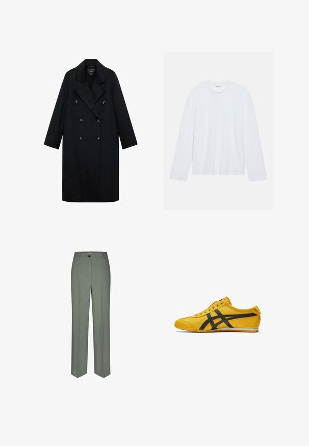 Zwarte dubbelzijdige jas van wolmix, met brede revers, lange mouwen en gouden knopen, met een recht silhouet.; Witte lange mouwen t-shirt gemaakt van katoen. Heeft een klassieke ronde halslijn en verlaagde schoudernaden, met een gladde, effen textuur.; Op maat gemaakte groene broeken van soepel materiaal, met een recht model, voorplooien en een enkele knoopsluiting.; Geel canvas schoen met zwarte accentstrepen, ronde neus en lage profiel. Heeft zes veterogen, textielstof en een rubberen zool.