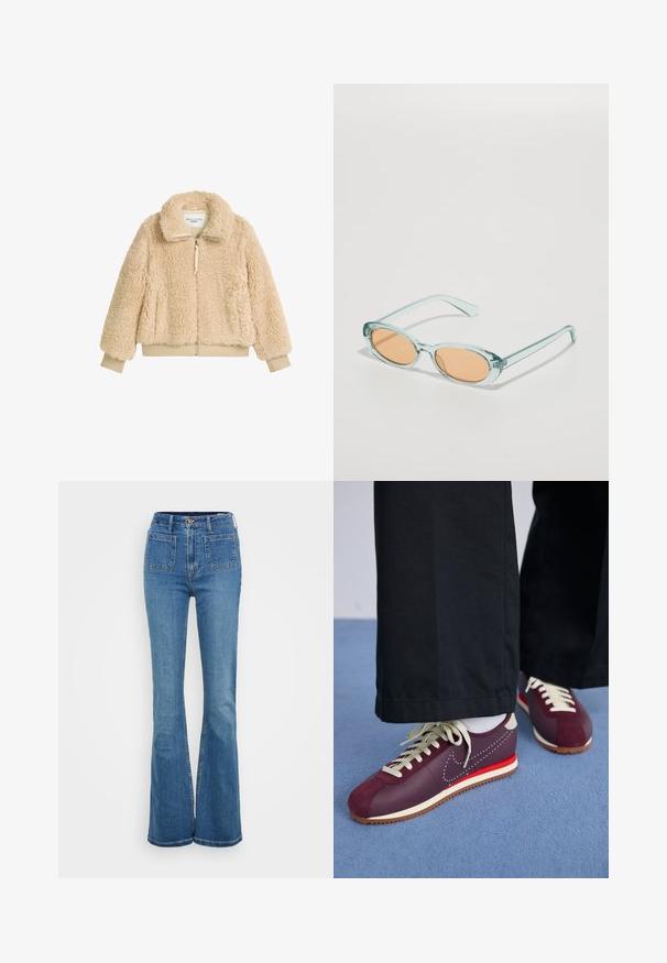 Chaqueta beige, esponjosa, con cremallera y alto cuello, puños y cinturilla acanalados, fabricada en suave tejido de pelaje sintético texturizado.; Tres camisetas ajustadas en blanco, gris y negro. Cada una cuenta con un escote amplio y mangas cortas. Están hechas de una tela suave y elástica.; Jeans acampanados azules de talle alto, confeccionados en denim. Con cinco bolsillos y cierre de botón en la cintura. Textura suave, diseño clásico.; Zapatillas deportivas en color marrón y crema con una mezcla de gamuza y material suave, que cuentan con un acento rojo en contraste, cordones blancos y una suela texturizada.; Gafas de sol azul claro con montura ovalada y lentes tintados de color naranja. Las varillas transparentes tienen bordes suaves y una ligera curvatura.
