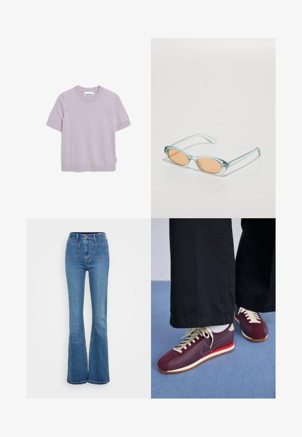 Beige, flauschige Zip-Jacke mit hohem Kragen, gerippten Bündchen und Saum, aus weichem, strukturiertem Kunstschaffell gefertigt.; Kurzärmliges, lavendelfarbenes Strickoberteil mit Rundhalsausschnitt und gerippten Bündchen, mit dem Etikett "ARMEDANGELS" am Kragen.; Blaue Schlagjeans mit hoher Taille, aus Denim gefertigt. Verfügt über fünf Taschen und einen Knopfverschluss an der Taille. Glatte Textur, klassisches Design.; Bordeauxrote und cremefarbene Sportschuhe aus einer Mischung aus Wildleder und glattem Material, mit einem kontrastierenden roten Akzent, weißen Schnürsenkeln und einer strukturierten Sohle.; Hellblaue Sonnenbrillen mit ovalen Rahmen und orange getönten Gläsern. Transparente Bügel haben glatte Kanten und eine leichte Krümmung.