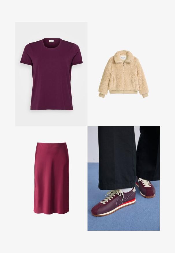 Beige, fluffy zip-jakke med høj krave, ribbede manchetter og talje, lavet af blødt, struktureret faux shearling-stof.; Kortærmet T-shirt i dyb bordeaux, rund halsudskæring, blødt bomuldsstof og opbrettede ærmer. Enkel design med en regular fit.; Burgunderfarvet satin nederdel med en glat tekstur, lige snit, mid-længde og en subtil glans. Ingen synlige mønstre eller hardware detaljer.; Maroon og creme sportssko med en kombination af ruskind og glat materiale, der har en kontrasterende rød detalje, hvide snørebånd og en struktureret sål.