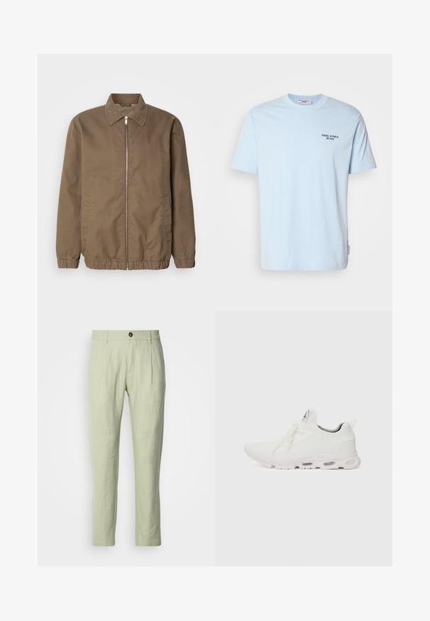 Chaqueta marrón con cremallera y cuello tipo solapa, bolsillos laterales, puños elásticos y una textura de tejido suave. Diseño clásico y minimalista.; Camiseta de algodón de cuello redondo en azul claro, con mangas cortas y una pequeña impresión oscura que dice "MARC O'POLO DENIM" en el pecho.; Pantalones de lino verde claro con corte recto, con cierre frontal de botón, dos bolsillos delanteros y una textura suave.; Zapatillas deportivas blancas con un upper de punto texturizado, cordones planos y una suela acolchada con cámaras de aire visibles para mayor soporte.