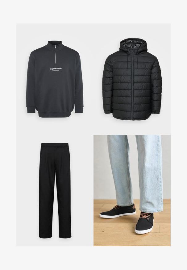 Black puffer jacket with a hood, featuring a quilted pattern, zipper front, drawstring adjustments, and elastic cuffs for a snug fit.; Jack & Jones JORVESTERBRO QUARTER ZIP - Sweatshirt - forest river; Black trousers made of smooth fabric, featuring a straight-leg design, two front pleats, and standard waistband with belt loops.; Black canvas sneakers with brown accents, white rubber soles, and brown laces, paired with light blue straight-leg jeans. Wood floor background.