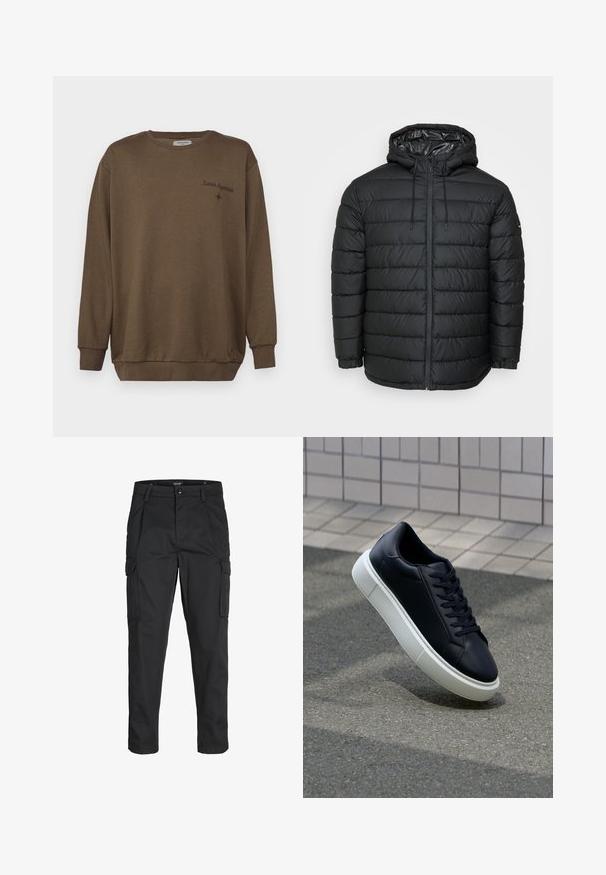 Fekete, kapucnis pufi dzseki, steppelt mintával, elöl cipzárral, húzózsinóros állítással és rugalmas mandzsettákkal a kényelmes illeszkedésért.; Barna pamut pulóver kerek nyakkivágással, hosszú ujjakkal és bordás mandzsettával. Kiemelkedő jellemzői között szerepel az "Lunar Hypnosis" hímzett szöveg és egy kis csillag díszítés.; Fekete cargo nadrág, amely tartós anyagból készült, több zsebet tartalmaz, gombos záródással rendelkezik, és karcsú szabású, szűkített lábakkal bír.; Fekete bőr sportcipő lekerekített orral és fehér gumitalppal. Lapos fűzőkkel és minimális varrásokkal rendelkezik a felsőrészén. Mintás talp a tapadásért.